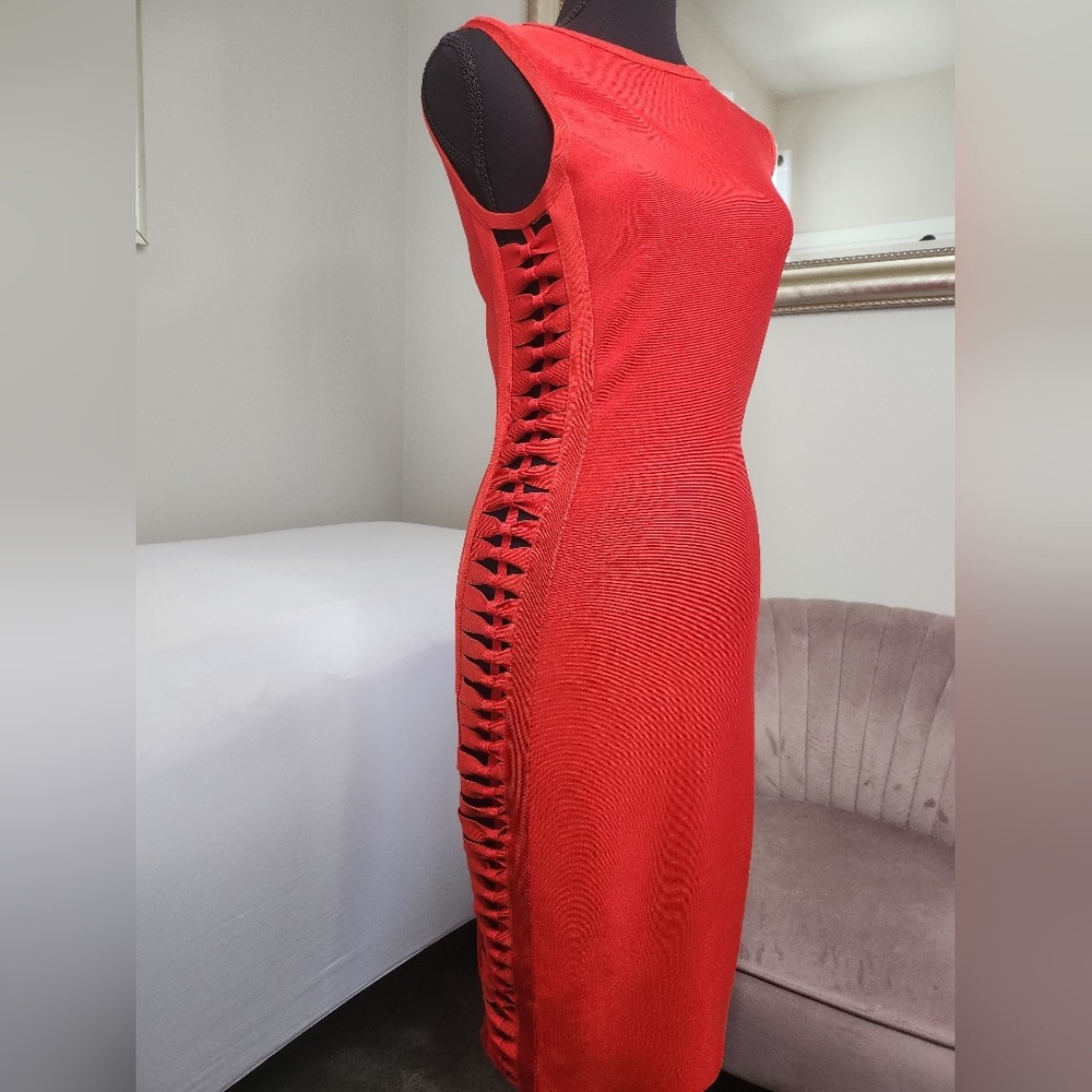 Midi Bodycon Red Dress Large Cut Out Sides
